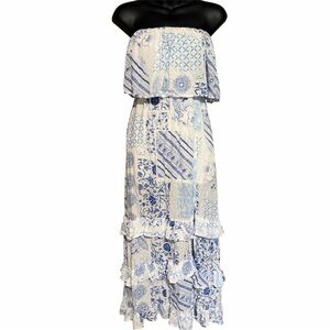 Skylar + Madison Blue+White Strapless floral Printed, Tiered Maxi Dress Size S